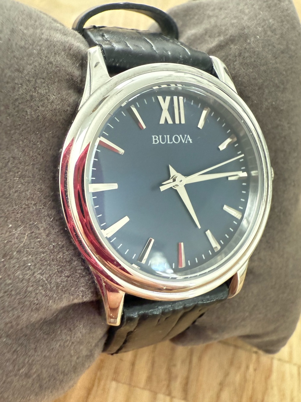 Bulova ladies blue dial black leather watch NEW BATTERY